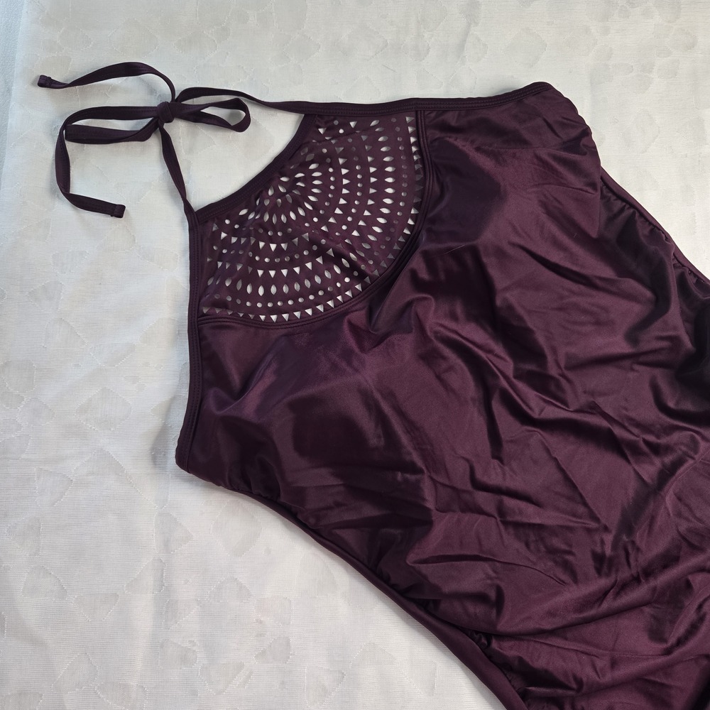 NWT Merona Purple Solid Halter One Piece Swimsuit L Tall Mesh Cutout Padded - Picture 2 of 11